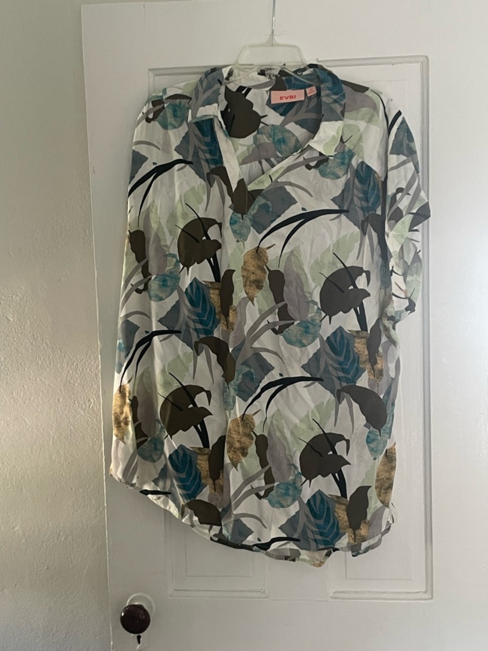 EVRI Blue & Olive Abstract Tropical Print Short Sleeve Top 3x women’s plus size